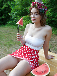 KiloSex presents: Nice belarusian stunner Rokki removes all clothes on a blanket in a backyard